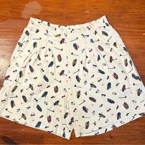 Vintage TEE-WEAR White Printed Bermuda Shorts with Multicolor Motif Size Small
